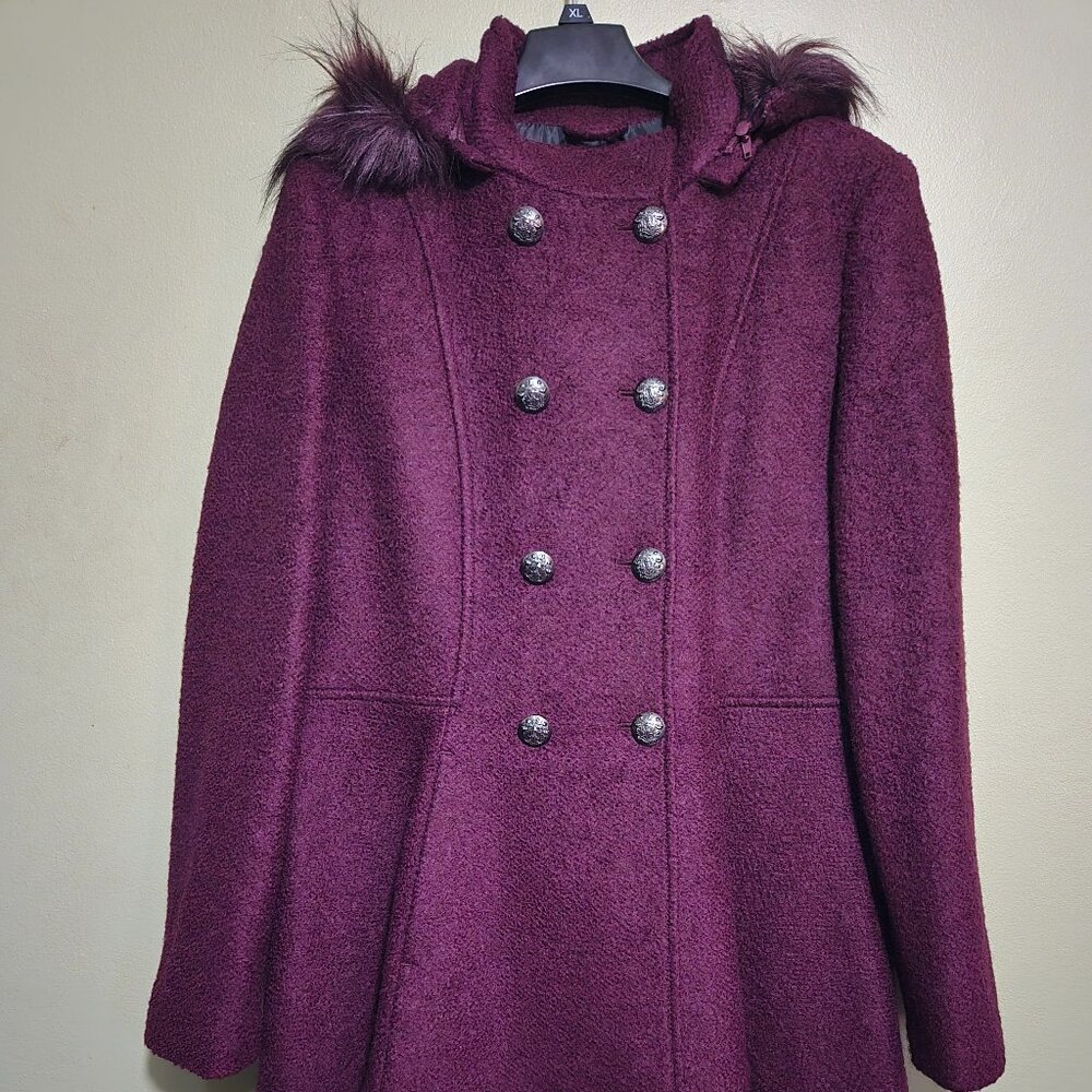 Liz Claiborne Women's Boucle Hooded Midweight Swing Coat Size XL Burgundy Wine